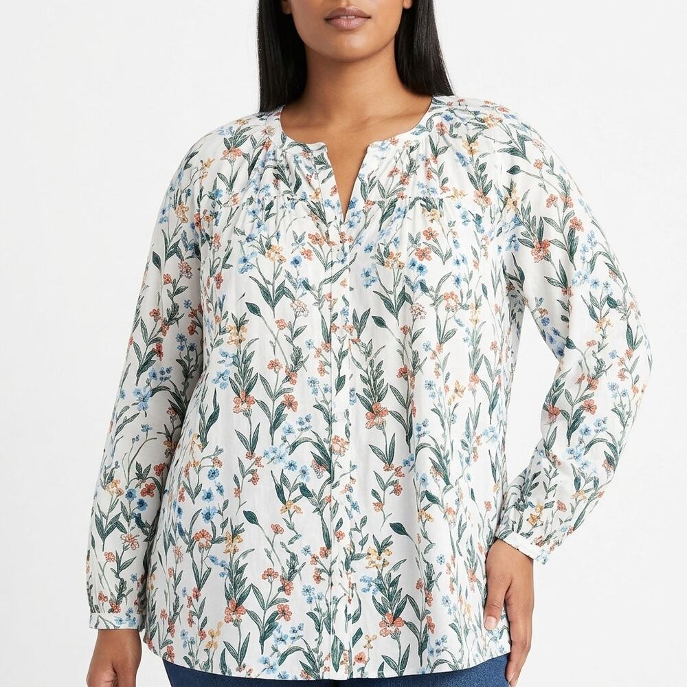 Lane Bryant White Floral Button Peasant Lightweight Blouse Women Size 22